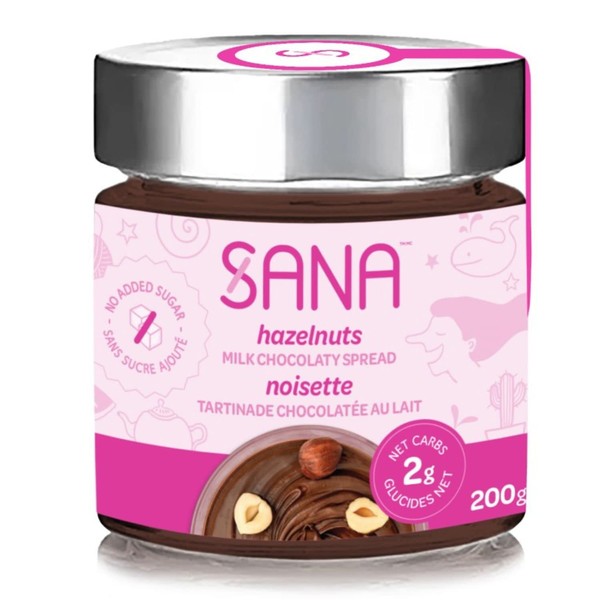 SANA Milk Chocolaty Spread Hazelnuts, Keto Friendly, Low Carb, No Sugar Added. Made in Canada. 200 grams