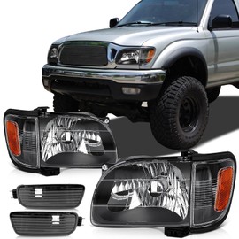 SCITOO Pair Headlight Assembly Compatible for Toyota Tacoma 2001-2004 chevy headlights Black Housing Amber Reflector Clear Lens, 81110-04110 81620-04080 (Bulbs Not Included)