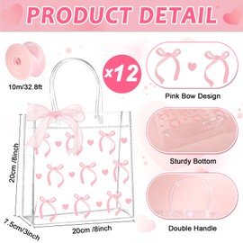 QOUBAI 12Pcs Pink Bow Clear PVC Gift Bags With Handles Ribbon Bowknot Bulk Coquette Bow Goodie Treat Candy Bag Bows Theme Present Wrap Tote Bags for Birthday Party Favor Baby Shower Decoration Supply