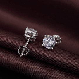 jiamiaoi 18K White Gold Plated Sparkling Round Stud Earrings Silver Stone with Locking Earrings Studs Diamond Earrings for Men Stud Earrings Men's Earrings Silver 925 4 mm - 8 mm, Sterling Silver