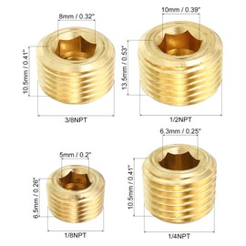 PATIKIL 1/8" 1/4" 3/8" 1/2" NPT Brass Hex Countersunk Plugs 20 Pack Counter Countersunk Inner Hex Thread Socket Pipe Pipe Plug Plug Fittings for Water Oil Gas