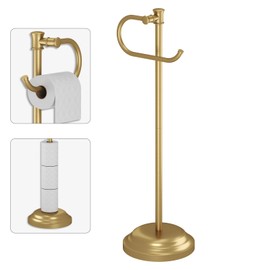 BESy Toilet Paper Holder Free Standing Bathroom Toilet Tissue Holder Stand for Floor Toilet Paper Roll Holder with Storage Hardware Accessories Rack Hand Towel Bar Brushed Gold Stainless Steel