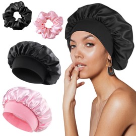 2 Stück Seidenhaube zum Schlafen mit Haargummis, FUKPO Silk Bonnet Sleep Cap Schlafhaube Seide Lockenhaube Satinhaube, Haarhaube Nacht Schlafmütze Satin Haube Haare Schützen Duschhauben(Schwarz Rosa)