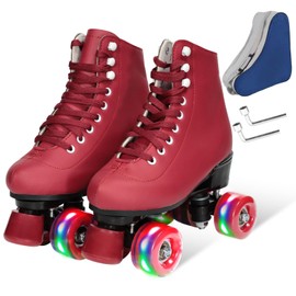 Wiwiy Roller Skates for Women Men,with Leather High Top Four Shiny Wheel Roller Skates Wine Red, for Beginner Indoor Outdoor(Women's 7 / Men's 6)