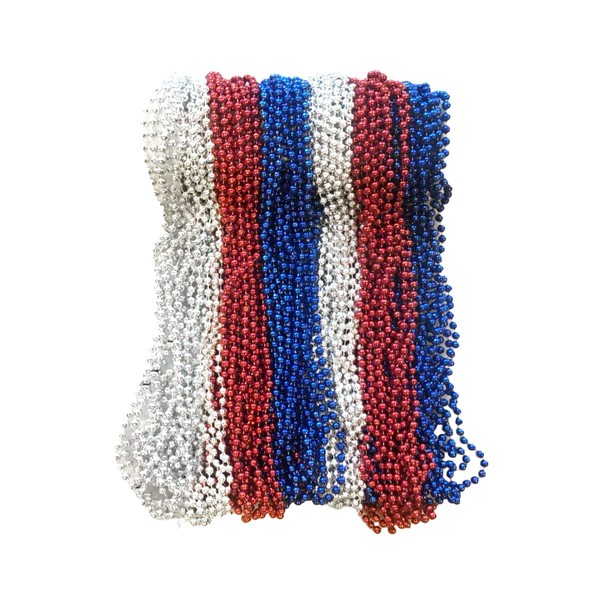 Red, Silver, and Blue Patriotic Mardi Gras Beads 33 inch 7mm, 6 Dozen, 72 Necklaces
