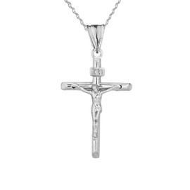 Dainty Jesus Christ INRI Crucifix Cross Pendant Necklace (0.90") in Solid Sterling Silver, 18" chain