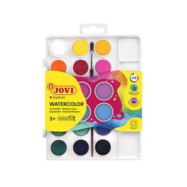 Jovi - Watercolor Kit with Brush, 18 Trays 22 mm, Bright and Intense Colours, Easy to Dilute with Water and Quick Drying, Gluten Free (800/18)