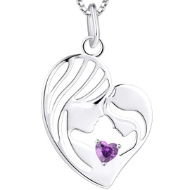 YL Mother and Daughter Necklace, 925 Sterling Silver Heart, 12 Birthstone, Cubic Zirconia Pendant, Gifts for Mothers, Women, 45-48 cm, 925 Sterling Silver