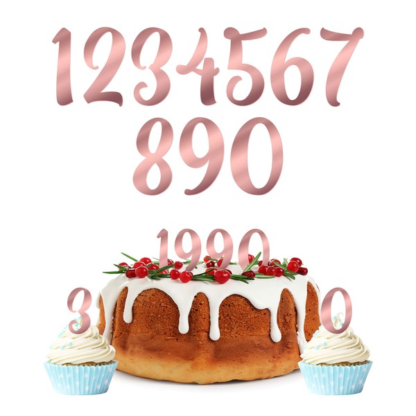 Gyufise 10 adornos acrílicos para tartas con números de 0 a 9 números espejados de oro rosa para decoración de tartas de boda, cumpleaños, baby shower, suministros de fiesta