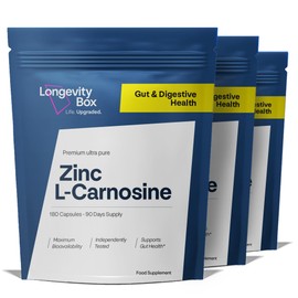 Longevity Box Zinc L-Carnosine Supplement - 540 x 75mg of Maximum Bioavailable Zinc L-Carnosine 2 Per Serving, Supports Gut Health, Nutrient Absorption, Digestive Comfort - 3 Months Supply