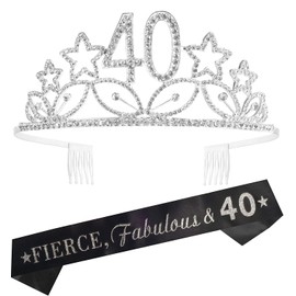 40th Birthday Gifts for Woman, 40th Birthday Tiara and Sash Silver, Happy 40th Birthday Party Supplies, Fierce, Fabulous 40 Sash and Crystal Tiara Birthday Crown for 40th Birthday Party Supply