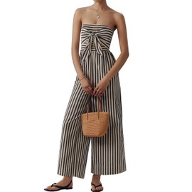 LIWEIKE Women's Summer Strapless Jumpsuits Striped Smocked Bow Tie Front Rompers 2025 Casual One Piece Jumpsuit with Pockets (Black White, Medium)