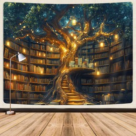 GOAOK Fantasy Library Tapestry For Classroom, Mysterious Tree Magic Bookshelf Aesthetic Tapestry, Witchy Fairytale Tree Vintage Bookshelf Book Art Tapestry Wall Hanging College 40"X30"