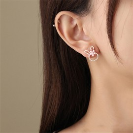 Easter Cute Tiny Rabbit Stud Earrings for Women Teen Girls 925 Sterling Silver Needle Hypoallergenic Lovely Cartoon Pink Daisy Flowers Hollow Simulated White Shell Pearl Sweet Bunny Animals Pet Small Earrings for Birthday Jewelry Gifts (Pink)