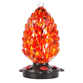 LUJII Pine Cone Shaped Hand Blown Glass Hummingbird Feeder for Outdoors Hanging, Rust Proof & Leak Proof, 25 fl.oz, Unique Gift for Bird Lover, Garden & Backyard Decor, Red
