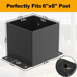 FMhotu 6x6 Post Base 10 Pcs,Inner Size 5.5"x5.5" Post Base Brackets, Heavy Duty Powder-Coated Post Anchor Fence Post Anchor,Black Wood Post Brackets for Pavilion Deck Railing Support Deck Base Plate