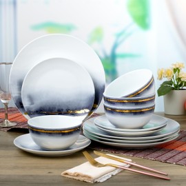 Joseph Sedgh Collection “Lazuli” 12-Piece Porcelain Dinnerware Set, Service for 4, Blue and Gold