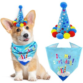 Dog Birthday Bandana Set, Dog Birthday Boy Bandana with Cute Dog Birthday Party Hat, Triangle Dog Scarf for Pet Birthday Party Decorations (Blue)