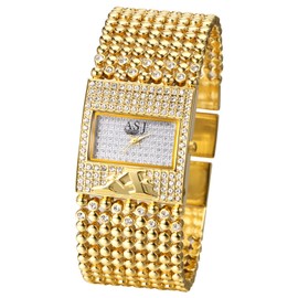 Silverora Women's Watches Rectangular Diamond Gold Watch: Shiny Large Dial Analogue Quartz Watches Ladies with Wide Multilayer Pearl Bracelet Adjustable Rhinestone Wristwatches Gifts for Women Gold,