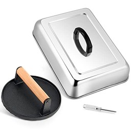 HaSteeL 13 x 9.75In Melting Dome & 7In Burger Press, Rectangular Basting Steam Cover with Bacon Press, Metal Griddle Accessories for Flat Top Teppanyaki Hibachi Grilling Cooking BBQ, Easy to Clean