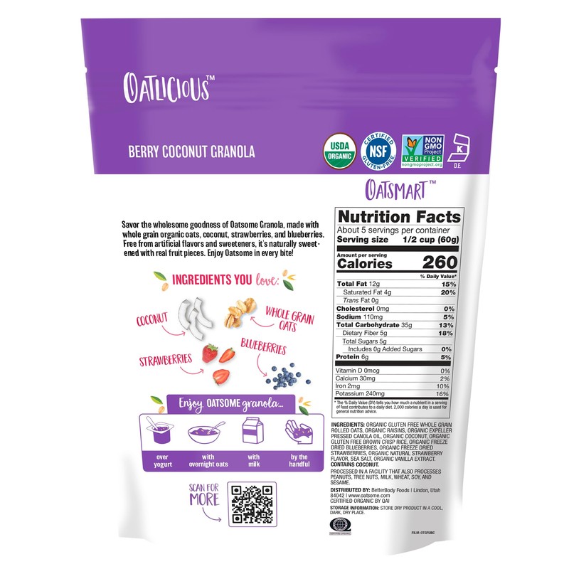 Oatsome Berry Coconut Granola, No Sugar Added, Gluten Free, 6g