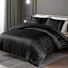 Whale Flotilla 2-Piece Reversible Silky Soft Twin Size Comforter Set, Luxury Stripe Satin Comforter Bedding Set with Satin Pillowcase, Lightweight Duvet for All Seasons, Black