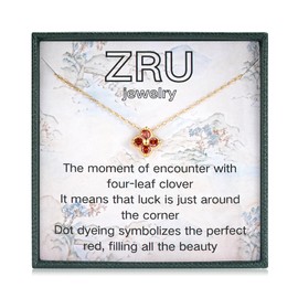 ZRU Sterling Silver Necklace Bracelet Earrings Set for Women Christmas | Red CZ Four Leaf Lucky Clover Pendant Necklace Jewelry Set