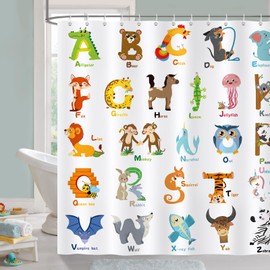 COZZSNUGE Kids ABC Shower Curtain, Colorful Cartoon Animal Alphabet Educational Shower Curtain Waterproof Polyester for Bathroom with 12 Hooks, 72 x 72 Inches