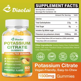 Potassium Citrate 1500mg Gummies - Potassium Supplement for Women & Men, Supports Leg Cramp Relief & Muscle Health, Vegan, Pineapple Flavor (60 Count)