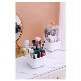 berjalan Square Makeup Brush Holder 360 Degree Rotating Makeup Brush Holder Waterproof Makeup Holder with Lid (White)