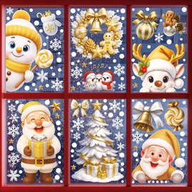 6Pcs Christmas Window Clings Gold Snowman Santa Claus Window Decorations Holiday Merry Christmas Tree Window Stickers Silhouette Snowflake Double Side Windows Decals Winter Cartoon Decor for Glass