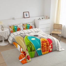 Colorful Surfing Bedding Set Full Size for Kids Boys Girls Home Room Decor,Hawaiian Ocean Style Comforter Set Rustic Farmhouse Barn Quilt Set Flower Sun Surfboard Bedspread,2 Pillowcases