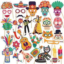 Mexican Day of The Dead Photo Booth Props,Fiesta Dia De Los Muertos Photo Backdrop,Skull Mexican Fiesta Selfie Props for Mexican Party Decorations