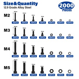 2000PCS Metric Screws Assortment Kit, M2 M3 M4 M5 Bolts and Nuts with Lock and Flat Washers, 12.9 Grade Alloy Steel Metric Bolt Assortment Kit