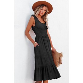 AlvaQ Sleeveless Dresses for Women Summer Casual Round Neck Smocked Elastic Waist Tiered Flowy Midi Dress Plus Size Black X-Large