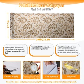 PHINILUX Gold Leaf Peel and Stick Wallpaper Contact Paper - Self Removable Tropical Decorative Floral Leaf Boho - Modern Bathroom Wallpaper 17 in x 32.8 ft