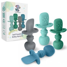 LittleWhispers Baby Silicone Spoons - Self Feeding 6 Months - Infant, Toddler, & Kid Friendly Utensils - First Stage, Baby Led Weaning - 4 Pack Utensil Set (Soft Blues)