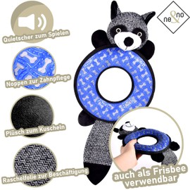 ne&no® Hunde Kuscheltier mit Gummi zum Kauen I Hundespielzeug I Kauspielzeug für Hunde I Quietschspielzeug Hund I Dog Toy I Spielzeug Hund I Hunde Zubehör (Waschbär)