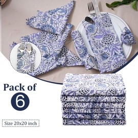 CPC Cloth Napkins Set of 6 Cotton Printed Dinner Block Print Napkins I Wedding Cocktail Cloth Floral Napkins I 18x18 in I Aqua Blue
