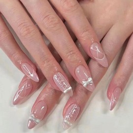 Hkanlre Cute Press on Nails Pink Fake Medium Nails Tips Full Cover Almond Bling False Nails for Women and Girls 24PCS