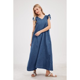 utcoco Womens Long Denim Dress Casual Loose Fit Ruffle Sleeveless V-Neck Jean Maxi Dresses for Women 2025 (Large, Blue)