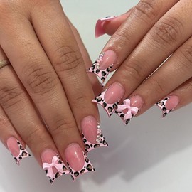 Duck Nails Pres on Leopard Print French Tip Fake Nails with Rhinestone Designs Pink Bow False Nails Nude Pink Duck Nails French Glue on Nails for Women and Girls Manicure Kit