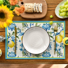 Artoid Mode Blue Lemon Summer Place Mats Set of 4 30 x 45 cm Coffee Table Holiday Place Mats Washable Place Mats Kitchen Party Decoration