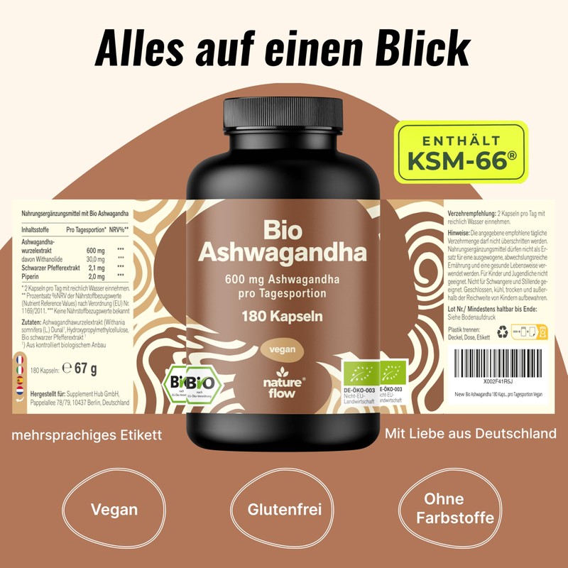 Bio Ashwagandha-KSM-66® Capsules High Dose - 180 Capsules - 600