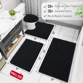 Arotive Luxury Chenille Bathroom Rugs Set 2 Piece, Extra Soft Absorbent Shaggy Bath Mat and U-Shaped Contour Toilet Rug, Non-Slip Machine Wash Dry Bath Mats Set for Bathroom, Black