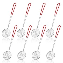 DynnnDy 8-Piece Stainless Steel Skimmer Strainer Set Small Mesh Colander Heat-Resistant Strainer Spoon for Hot Pot,Frying,and Bubble Tea,Red Rubber Wrapped Handle