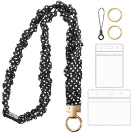 BESARME Breakaway Scrunchie Lanyard for ID Badges and Keys Lightweight Stretch Teacher Lanyard Design with Clasp for Teachers and Students, Hospital Staff, and Appreciation Gifts (Black Polka Dot)