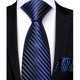 Hi-Tie - Corbatas de seda para niños de 8 a 14 años con bolsillo para niños, juego cuadrado para boda, escuela, graduación, Raya azul marino, Medium