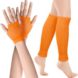 SATINIOR Elastic Neon Leg Warmers and Fishnet Gloves Set 80s Costume Accessories, orange
