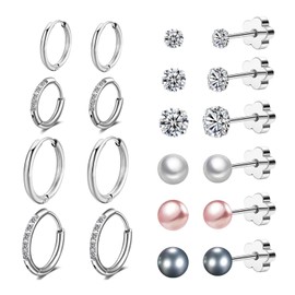 10 Pairs Silver Earrings for Women, Multiple Piercing Lightweight, Small Huggie Hoop Earrings, CZ & Pearl Stud, Trendy Cartilage Stud Earrings (10 Pairs Earring Sets)